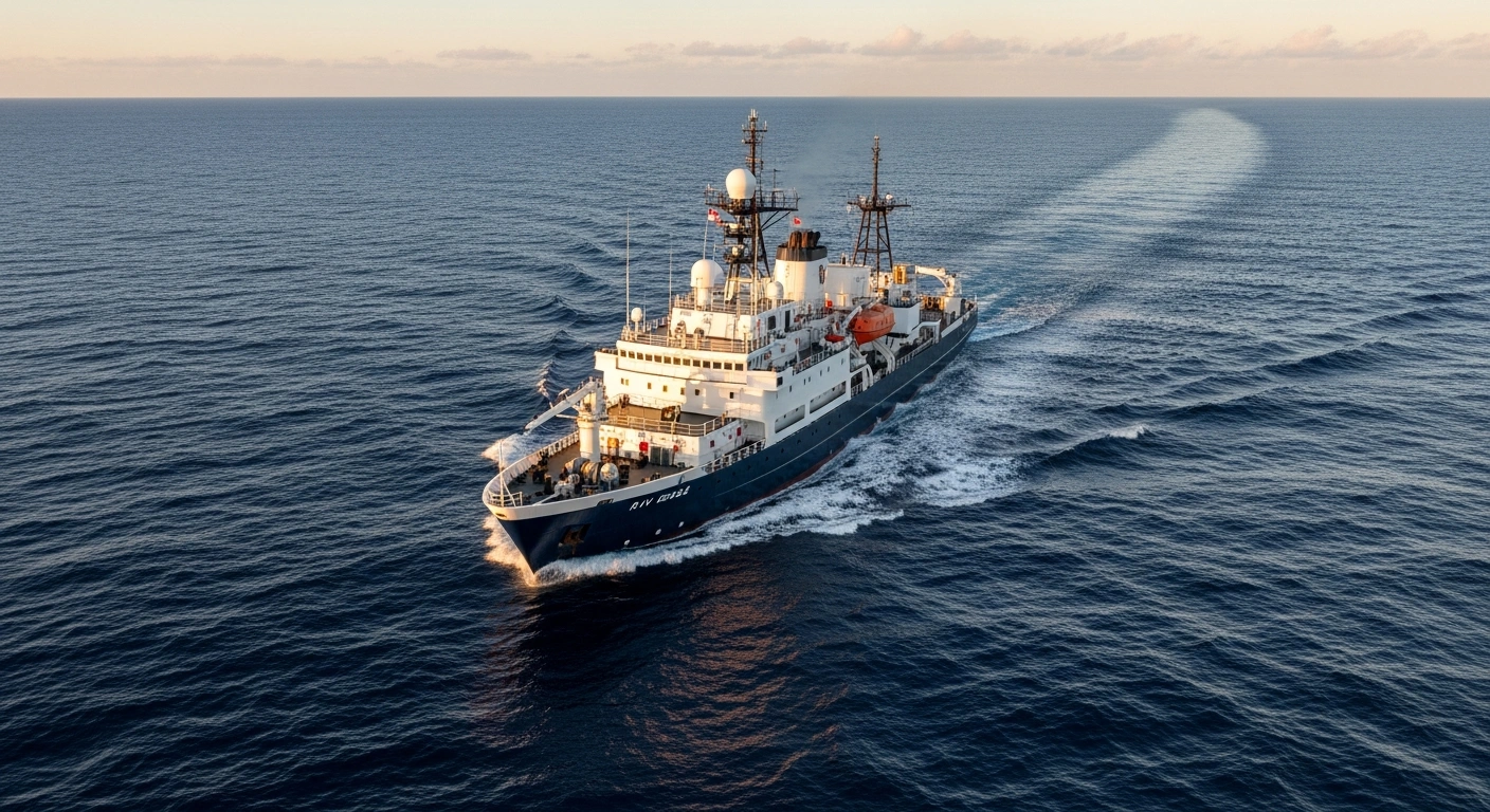 The research vessel R/V Roger Revelle is depicted at dawn in the South Atlantic, its scientific equipment illuminated, symbolizing its marine scientific research in Argentina's Exclusive Economic Zone and the debate over its dual-use data collection.