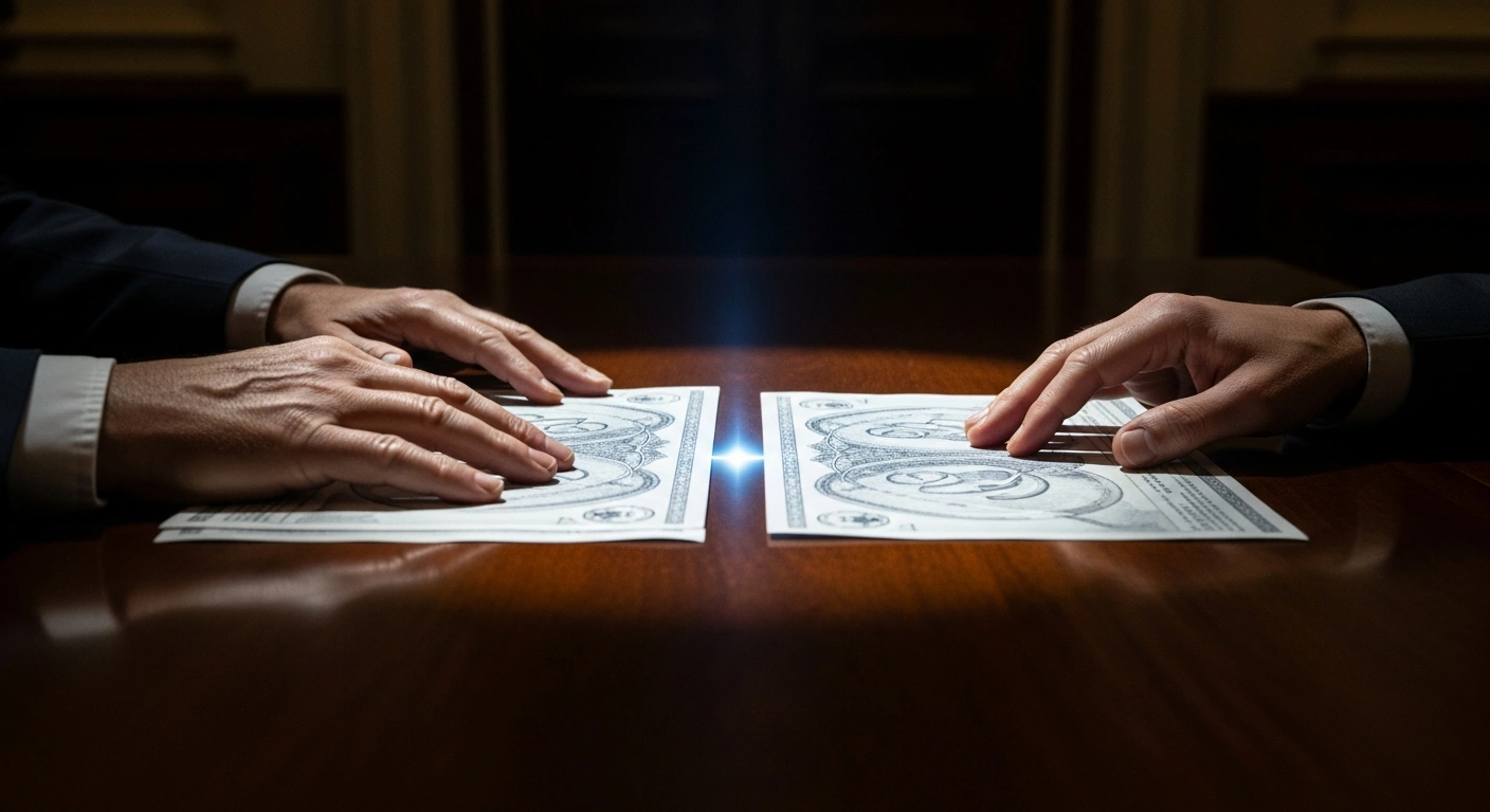 Two distinct hands, one weathered and one refined, are poised over a stack of glowing, intricately designed financial instruments on a polished mahogany table in a dimly lit chamber, symbolizing Argentina's purchase of Special Drawing Rights from the U.S. Treasury to meet an IMF interest payment.