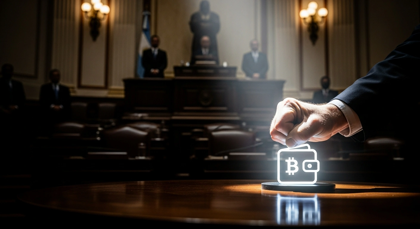 A weathered hand symbolically crushes a glowing digital wallet icon in a dimly lit legislative chamber, representing Argentina's Senate eliminating a clause for digital wallet salaries from President Milei's labor reform, a decision influenced by the banking lobby and a setback for the fintech industry.