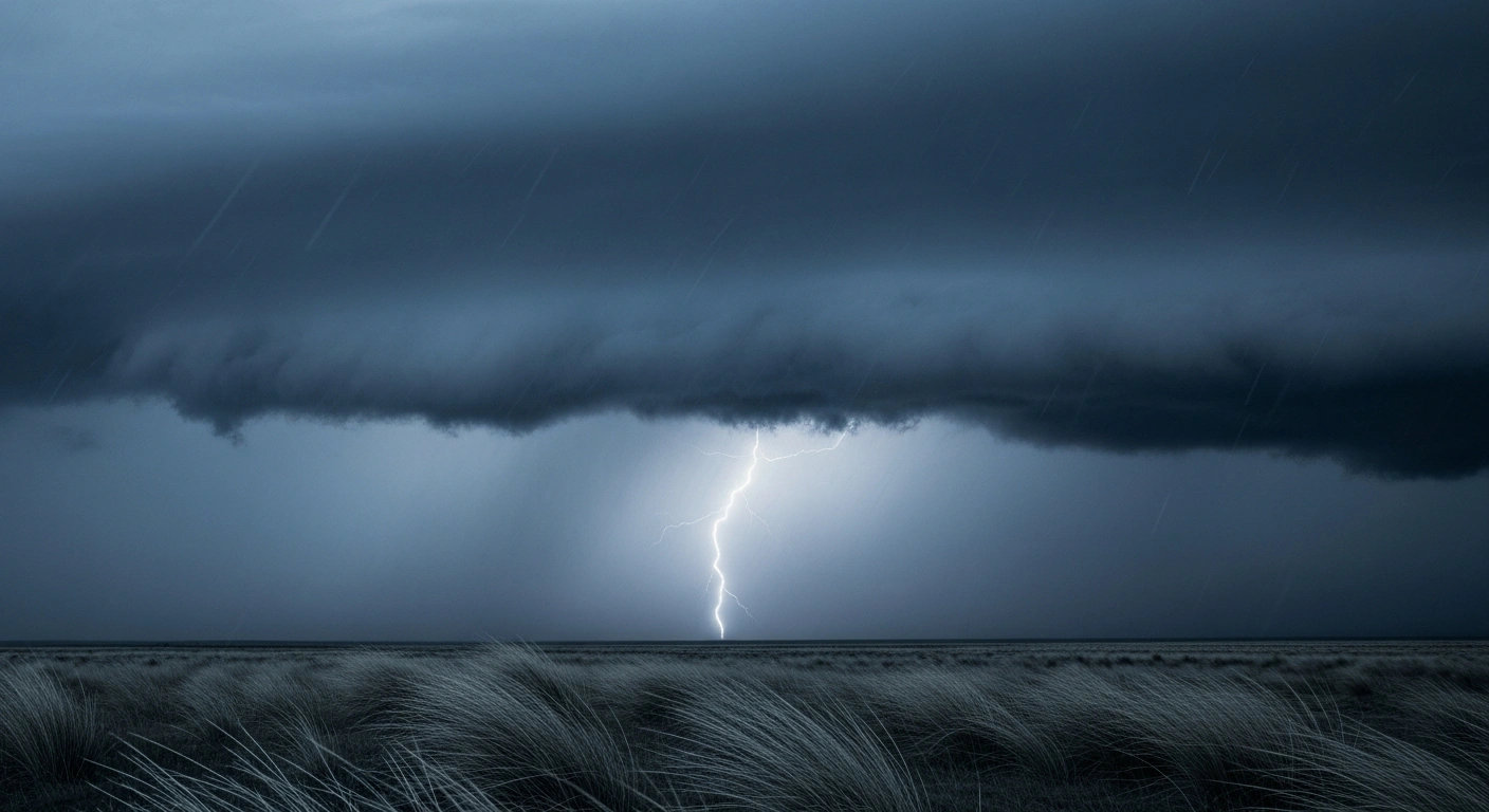 A dark storm front with heavy rainfall moves across the Argentine landscape as the National Meteorological Service issues weather alerts.