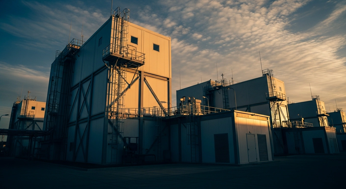 A modern small modular reactor stands at the Atucha nuclear complex in Argentina as part of a new energy infrastructure investment project.
