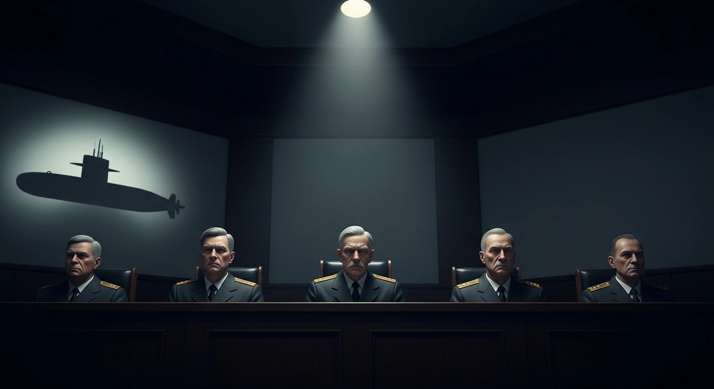 Four former navy officers, accused in the 2017 sinking of the ARA San Juan submarine and the deaths of 44 crew members, sit solemnly at a defense table in a dimly lit courtroom, with a projected silhouette of a submarine in the background.