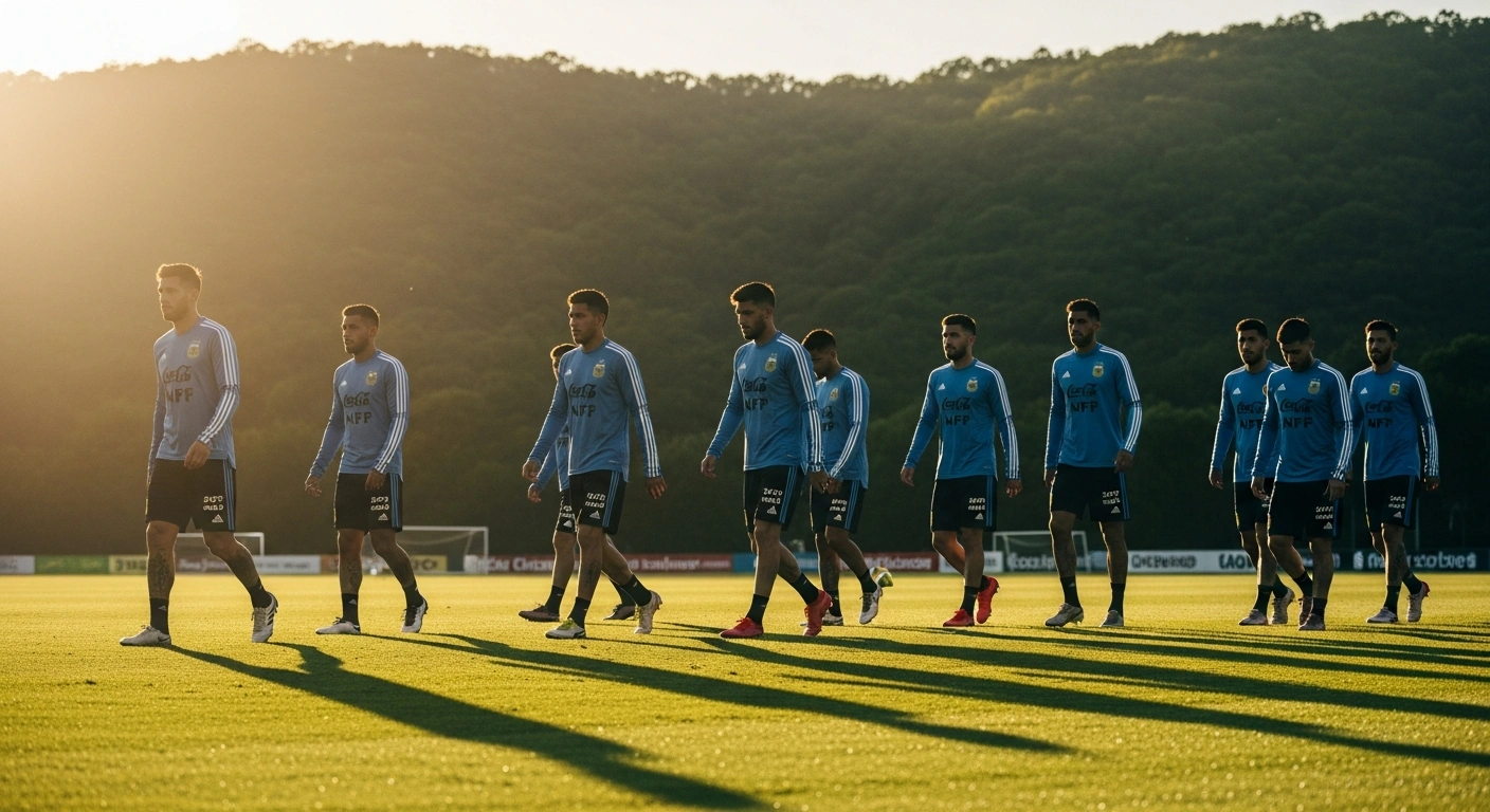 The Argentine national football team walks onto a training field in Alabama to prepare for their friendly match against Iceland before the 2026 FIFA World Cup.