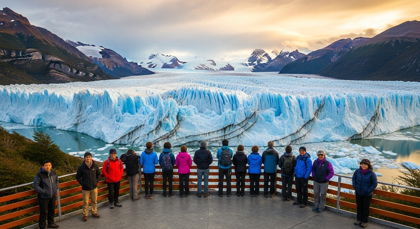 International tourists admire the Perito Moreno Glacier in Argentina, marking the country's record-breaking milestone in global tourism.