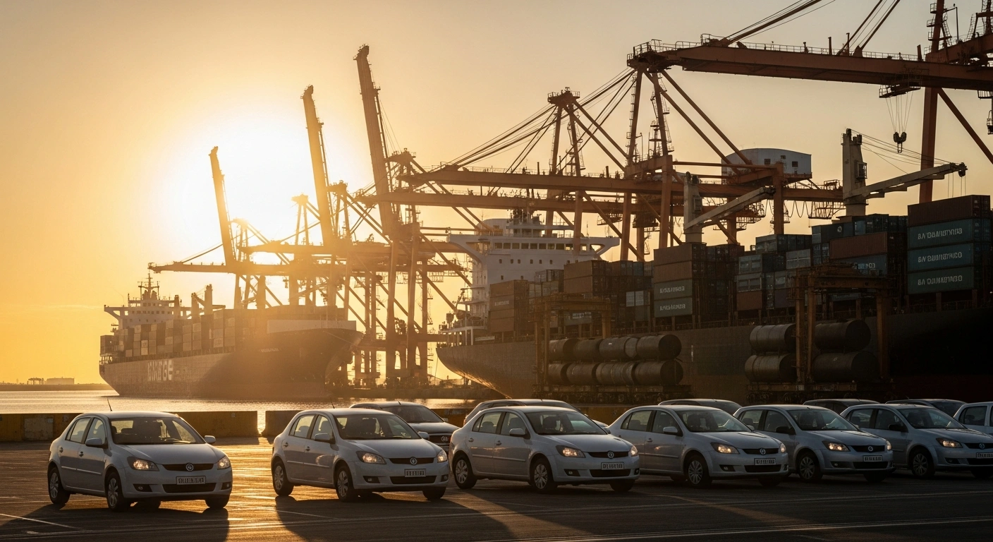 A wide shot of a bustling Argentinian port at dawn shows container ships being loaded with grain and oil barrels for export, while new passenger cars are unloaded, representing Argentina's $2.50 billion trade surplus in November 2025, driven by increased exports and imports.