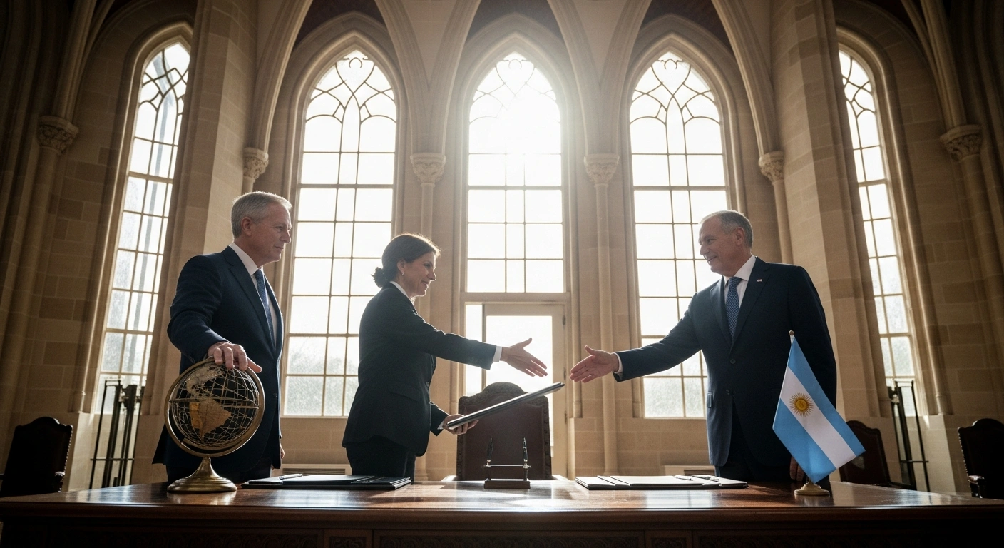 A grand hall bathed in golden light features a figure resembling former US President Donald Trump standing beside a globe, while an Argentine representative reaches for a document, symbolizing Argentina's formal participation in Trump's 'Board of Peace' initiative for global peacekeeping, which aims to address conflicts like Gaza and includes an exemption from a $1 billion membership fee.