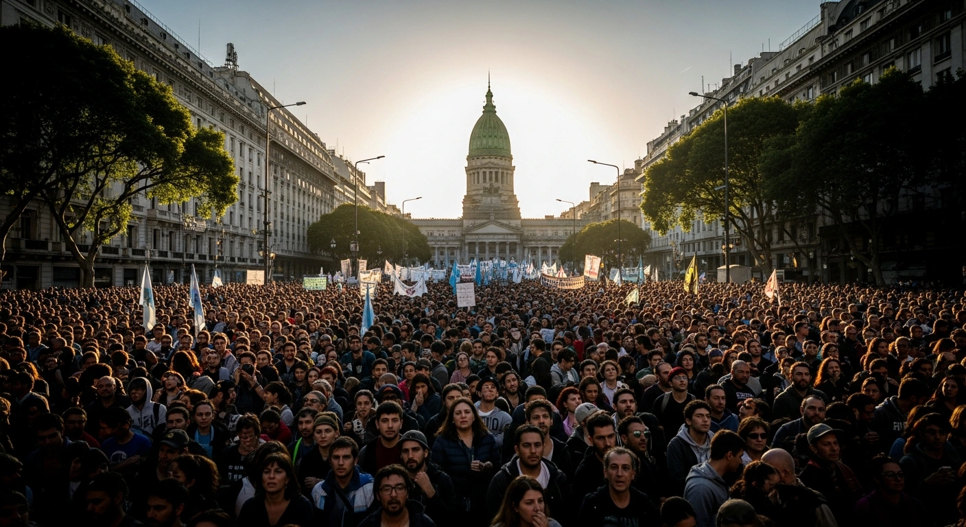 A wide-angle, low-shot photograph captures a massive protest march of Argentine union members in Buenos Aires, with countless people holding banners and fists raised, moving towards the Congress building to protest President Javier Milei's proposed labor reforms, signaling widespread disruptions including in air travel.