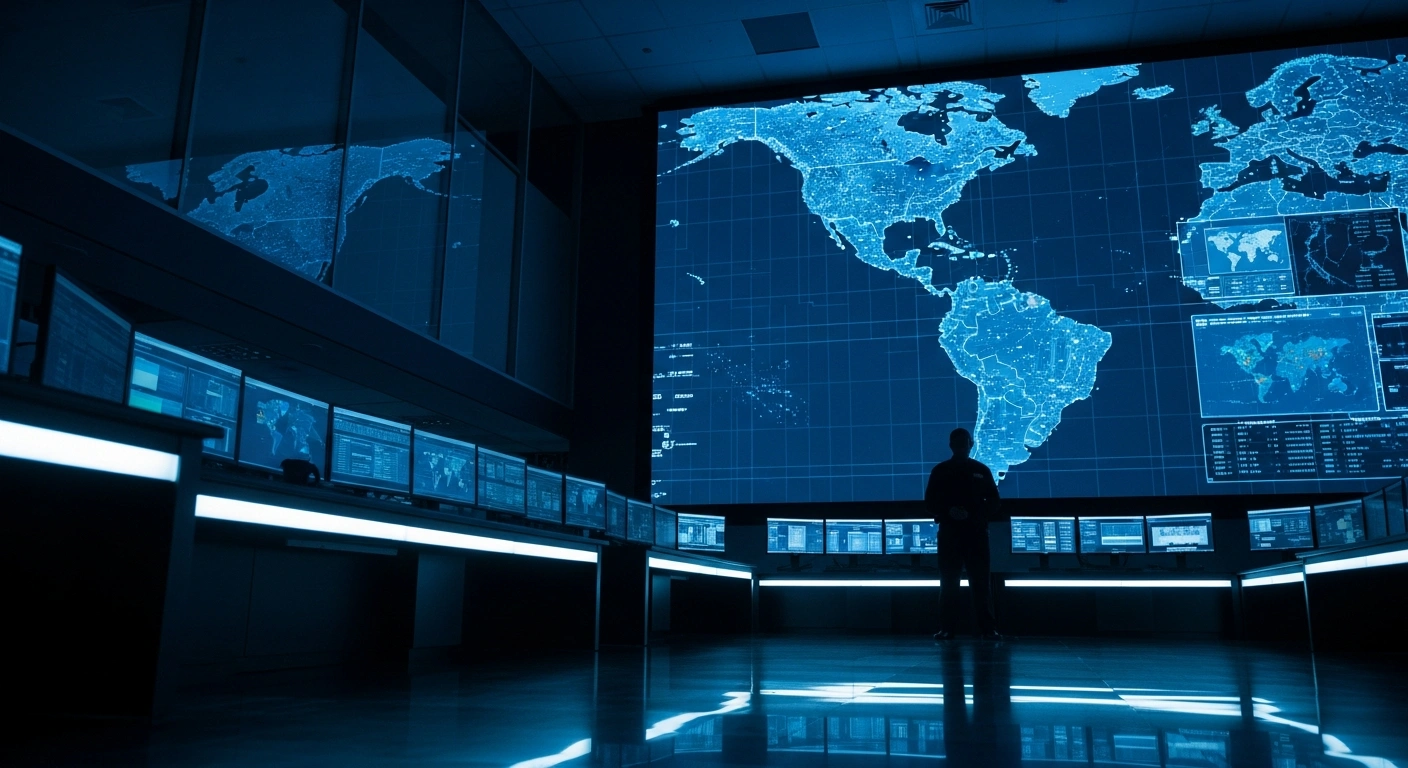 A security official monitors digital maps in a high-tech control room as part of an international effort to bar soccer hooligans from the 2024 Copa America tournament.