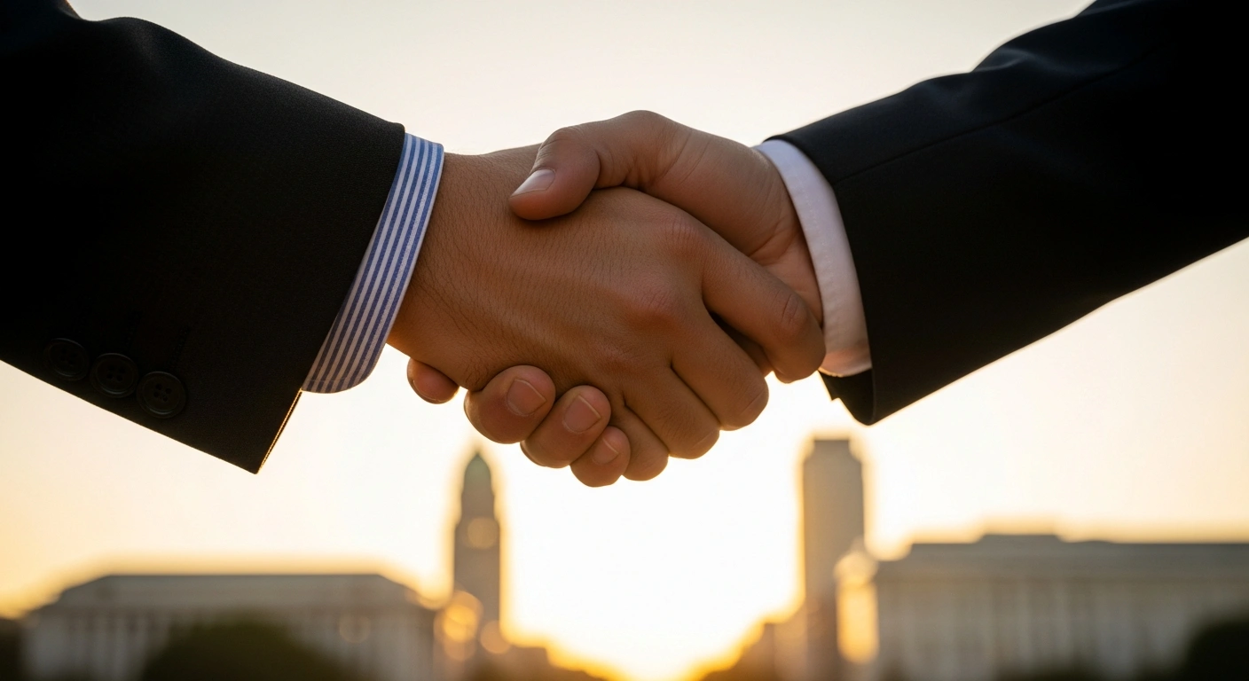 A photorealistic image depicts a firm handshake between two individuals, symbolizing the finalized trade agreement between Argentina and the U.S., backed by Presidents Milei and Trump and the US Treasury, set against a subtly blurred backdrop of Washington D.C. and Buenos Aires landmarks under a golden hour glow, signifying boosted bilateral relations and economic cooperation.