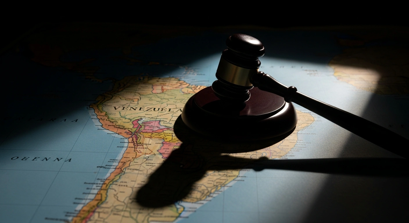 A dark wooden gavel rests on an antique map of South America, specifically Venezuela, under a dramatic spotlight, symbolizing an Argentine federal court's order to investigate alleged crimes against humanity by Venezuela's national guard.