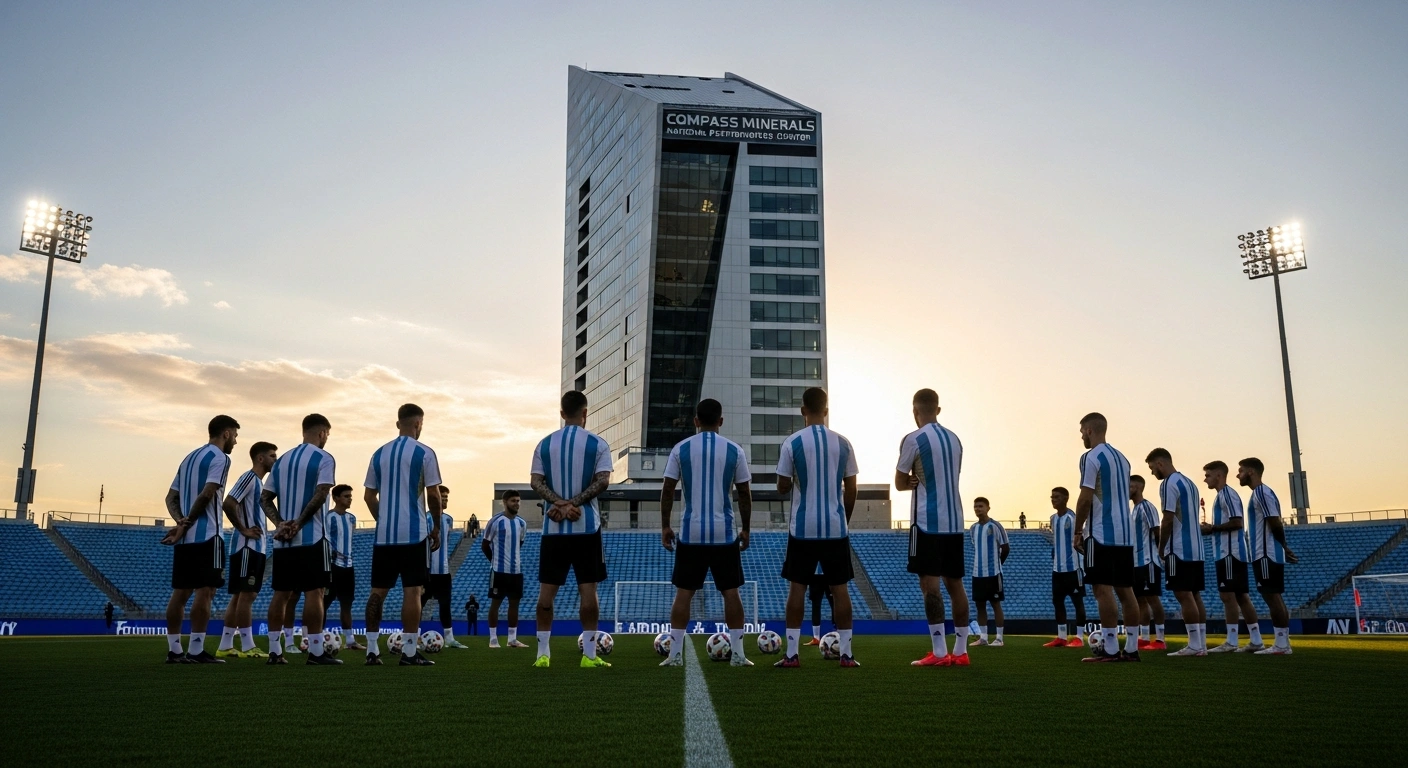 The Argentine national football team stands on a pristine training pitch with the modern Compass Minerals National Performance Center in the background under a Kansas City sunset, symbolizing their base camp for the FIFA World Cup 2026.