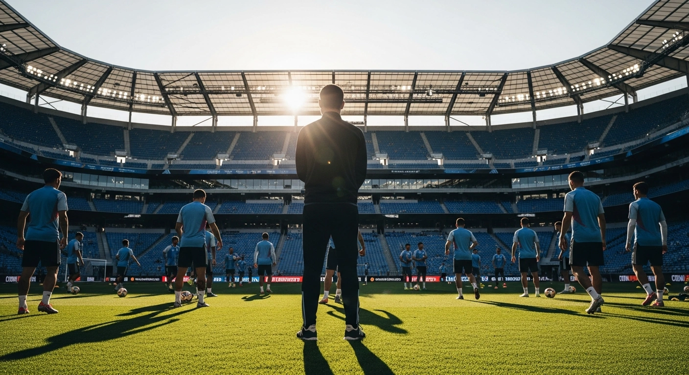 The Argentine national football team practices on a stadium field under the guidance of coach Lionel Scaloni during the 2026 FIFA World Cup.