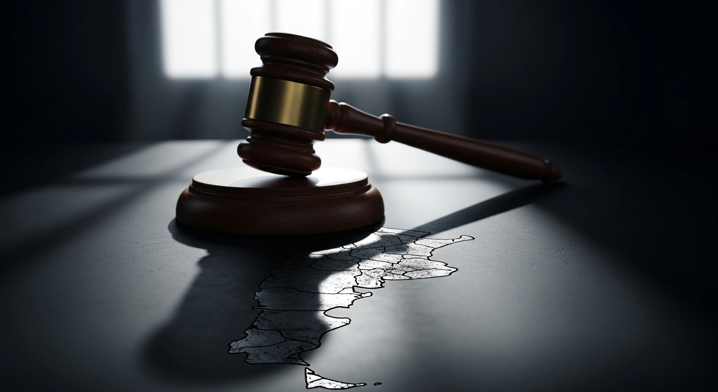A large wooden gavel casts a dramatic shadow over a distressed map of Argentina, with a subtle, dark glow beneath hinting at oil, representing the US$16.1 billion court judgment against Argentina concerning the 2012 nationalization of oil company YPF.