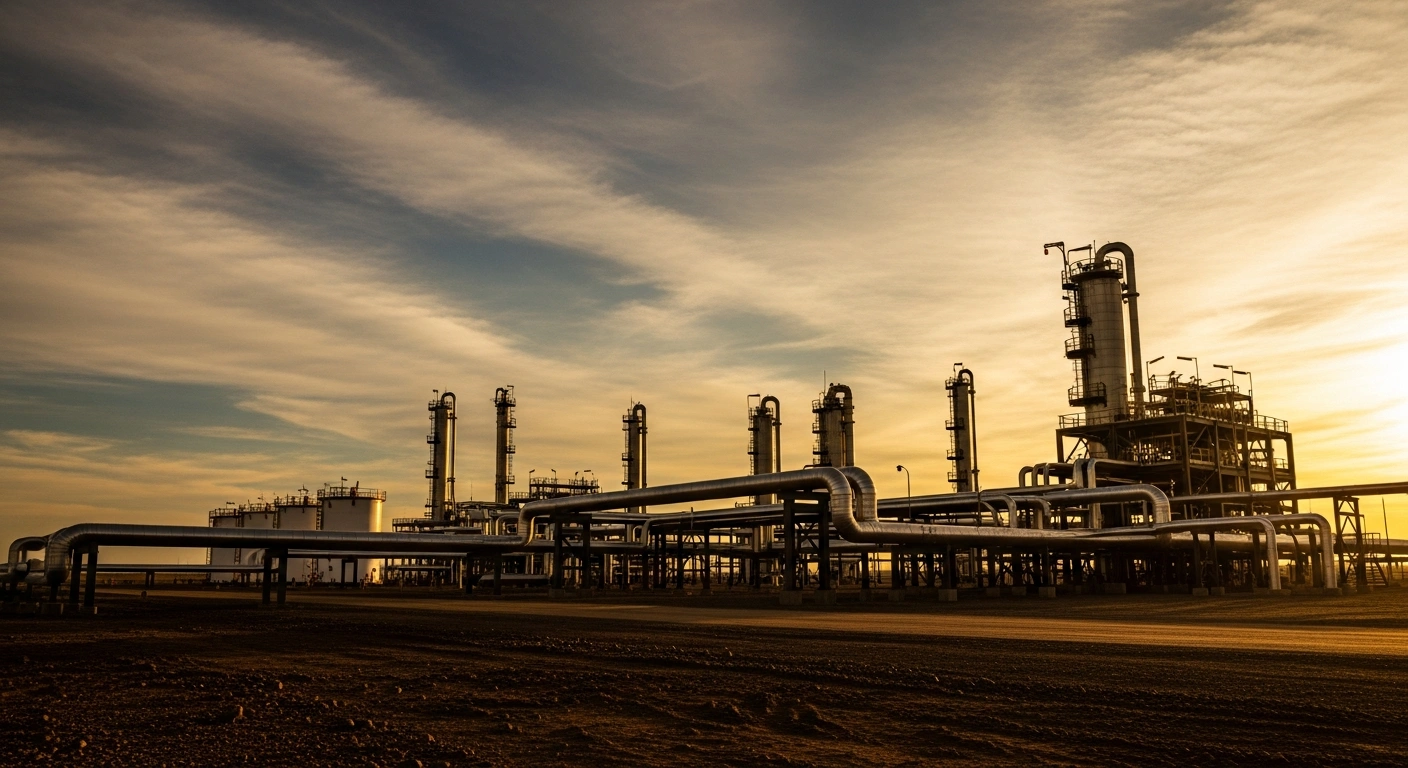 A large-scale natural gas extraction facility operates in the Argentine countryside to support the country's growing liquefied natural gas export project.