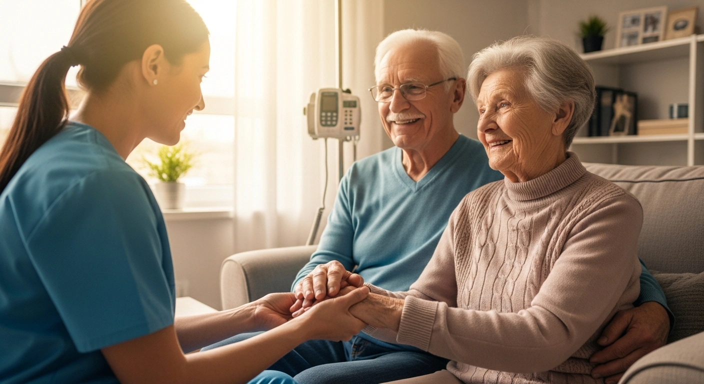 An elderly couple receives professional 24/7 home care services in their living room, highlighting legal protections for medical support.