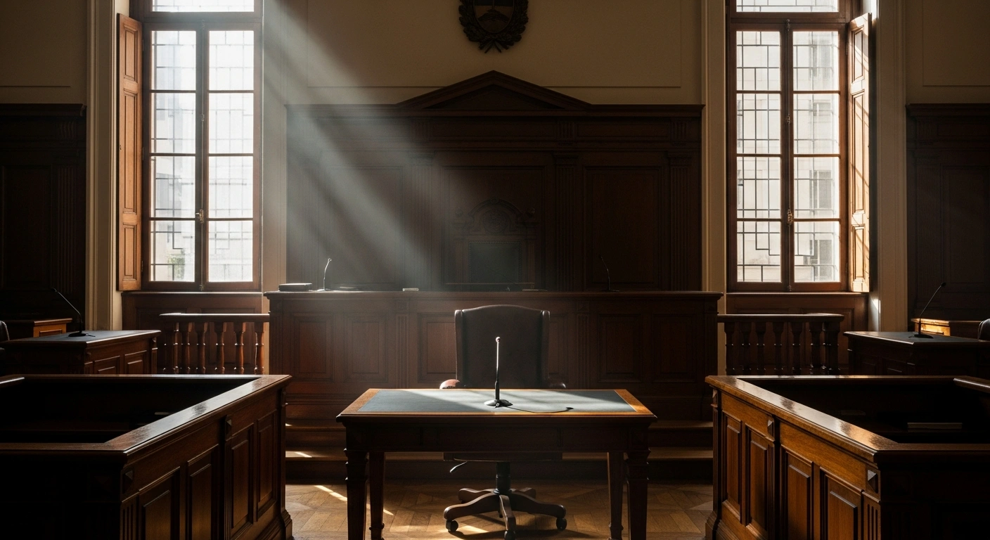 A formal courtroom in Argentina where a judge's bench stands under dramatic lighting, representing the legal ruling regarding the pension of former President Cristina Fernández de Kirchner.