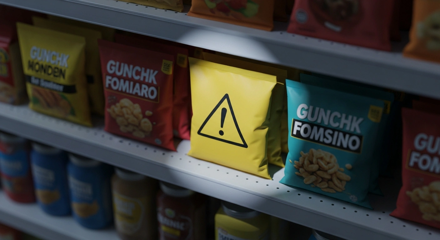 A close-up view of processed food packaging featuring a prominent black octagon warning label in an Argentine grocery store setting.