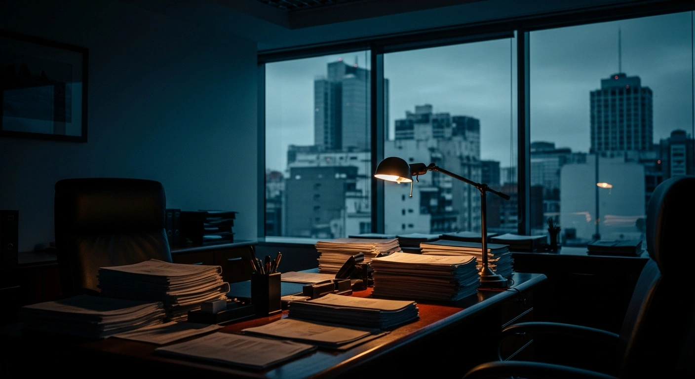 A dimly lit office filled with financial documents represents the Argentine judiciary's investigation into the Libra money laundering case.