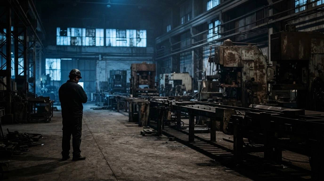 An idle Argentine factory floor with dormant machinery represents the manufacturing sector's decline and the urgent need for economic relief.
