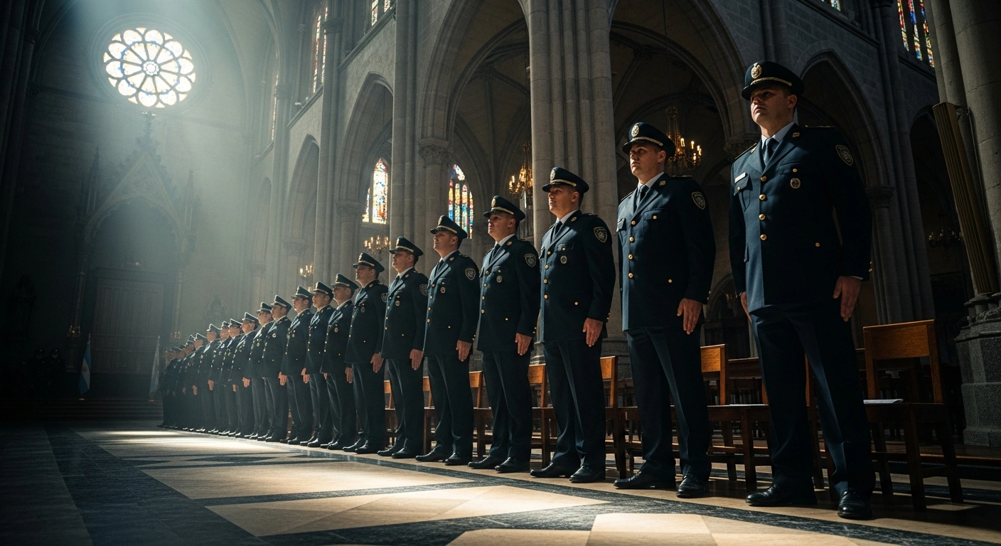 Argentine Federal Police officers stand in a solemn formation during a memorial service held inside the San Juan Bosco Cathedral to honor fallen officers.