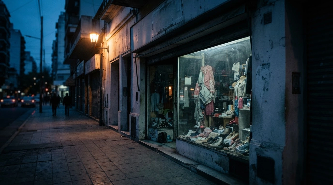 A dimly lit, empty storefront in Argentina represents the economic decline and reduced retail sales reported by the Argentine Confederation of Medium-Sized Enterprises.