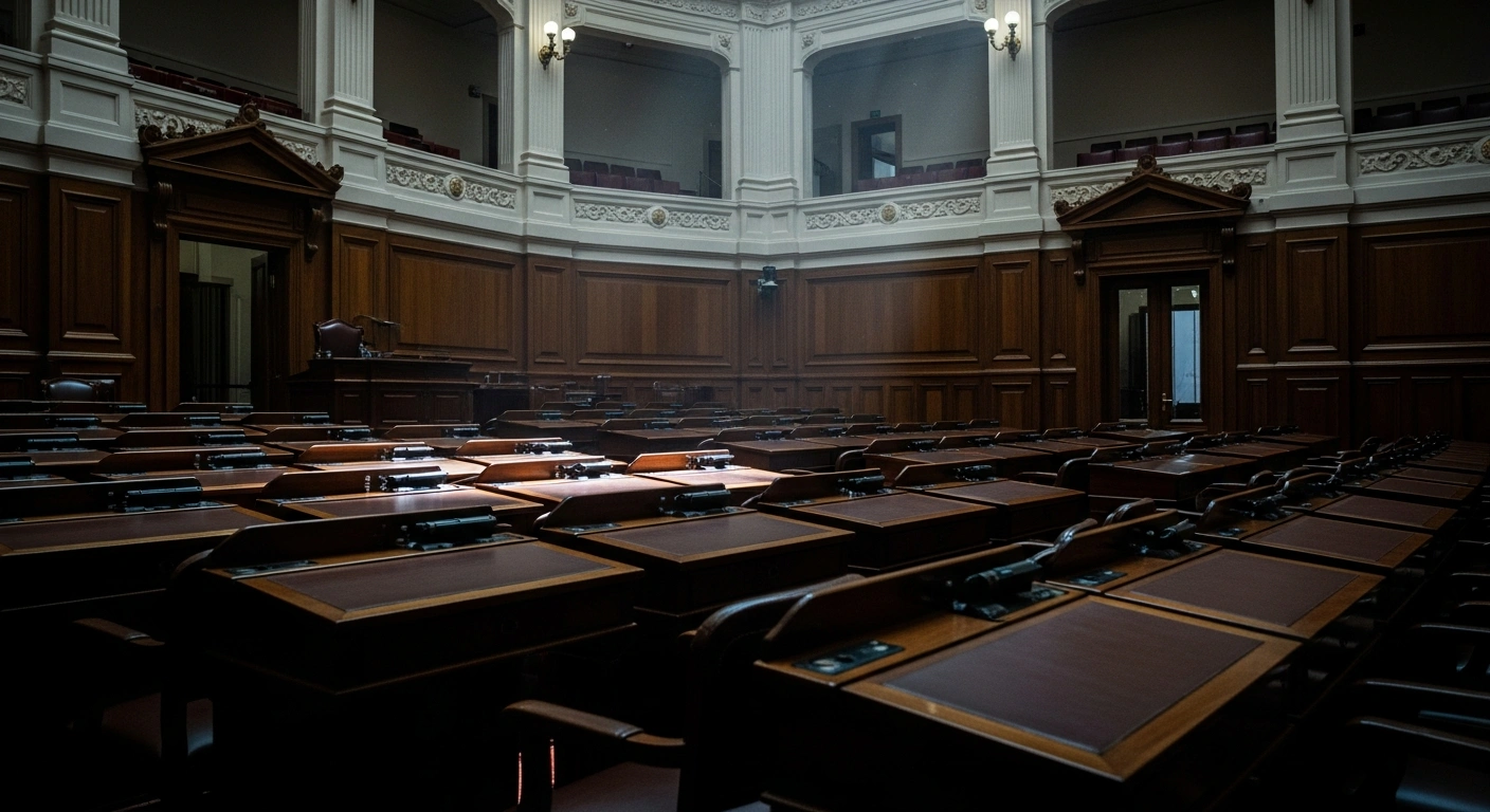 The interior of the Argentine Senate chamber is captured in soft natural light to commemorate the 50th anniversary of the 1976 military coup and the importance of human rights.