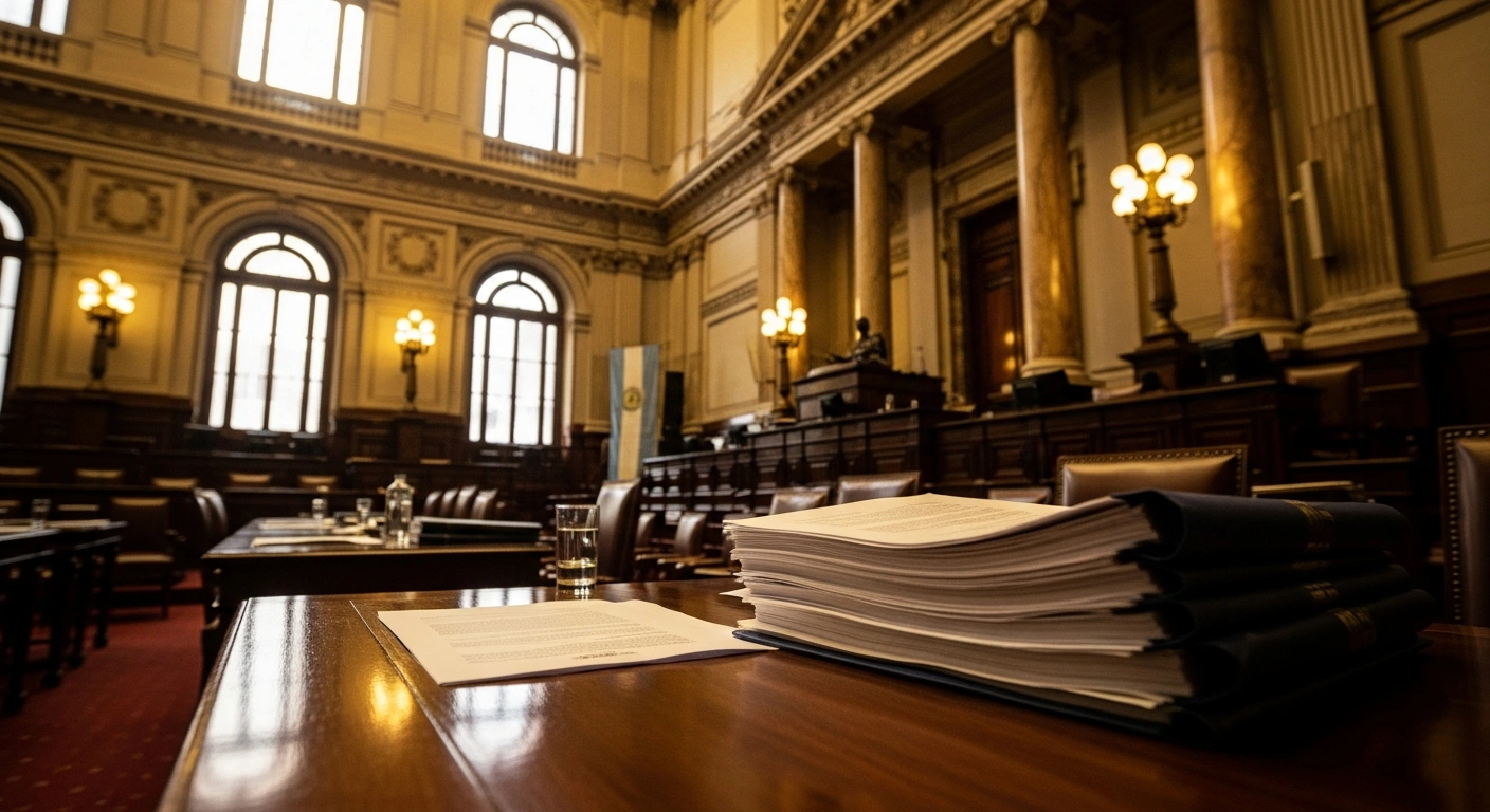An Argentine Senate committee chamber is shown with official documents on a table, representing the legislative progress toward reinforcing private property rights in Argentina.
