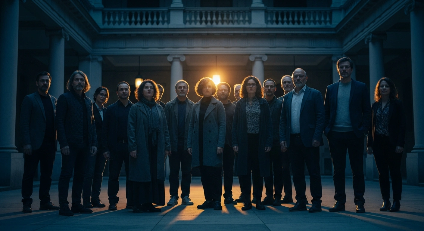 Argentine university professors stand in a historic courtyard to protest against budget cuts and declining faculty salaries.