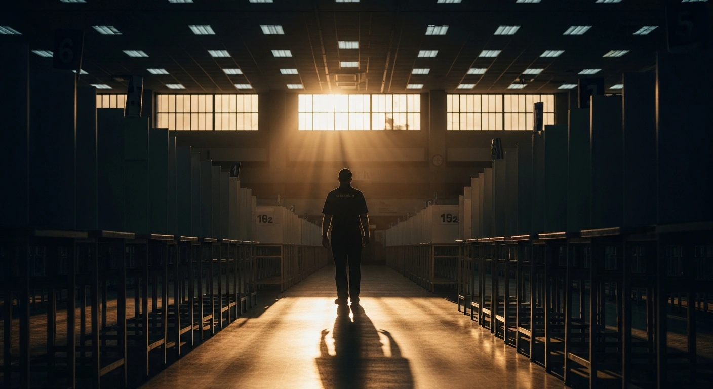 A lone poll worker stands in a dimly lit voting center in Arizona as concerns about election integrity and misinformation rise.