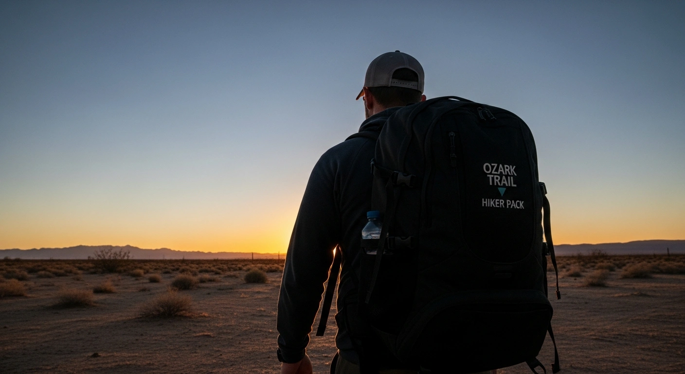 A male figure, matching the FBI's description of a suspect in Nancy Guthrie's disappearance, is seen from behind walking through the Arizona desert at dusk, carrying a black 'Ozark Trail Hiker Pack' backpack.