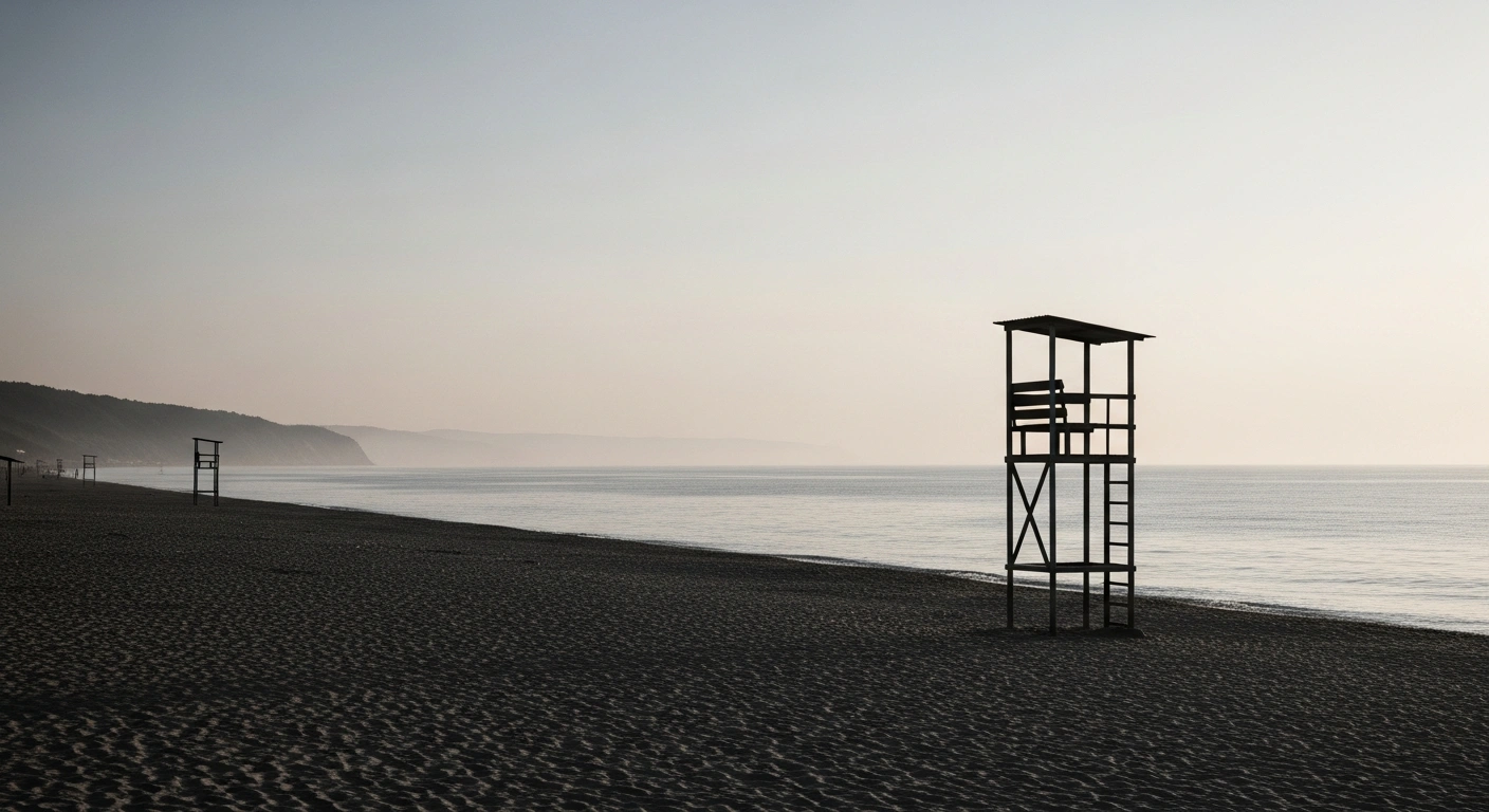 A wide view of an empty beach in Arkhipo-Osipovka on the Black Sea coast under a hazy twilight sky.
