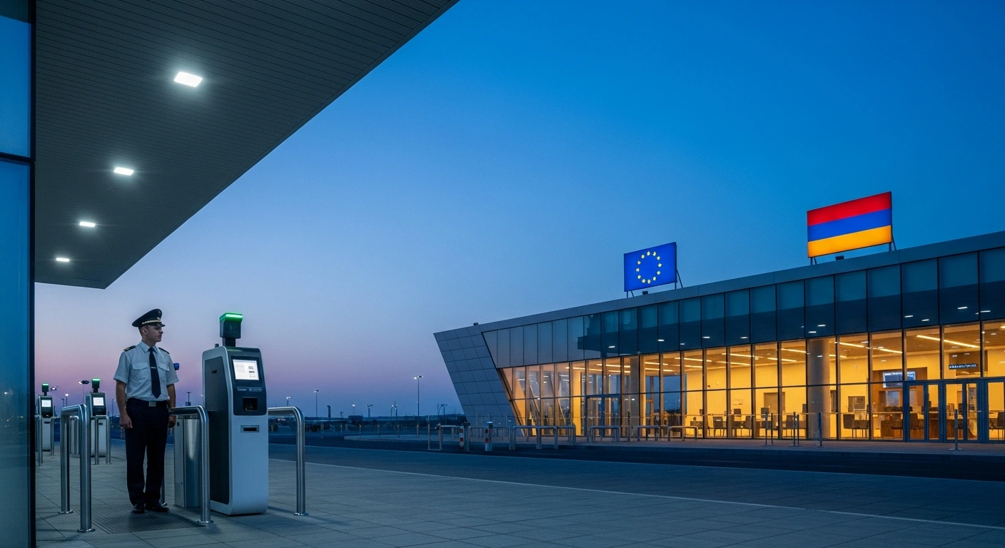 A professional official stands at a modern border control facility in Armenia as part of an EU-funded project to improve border management and visa processes.