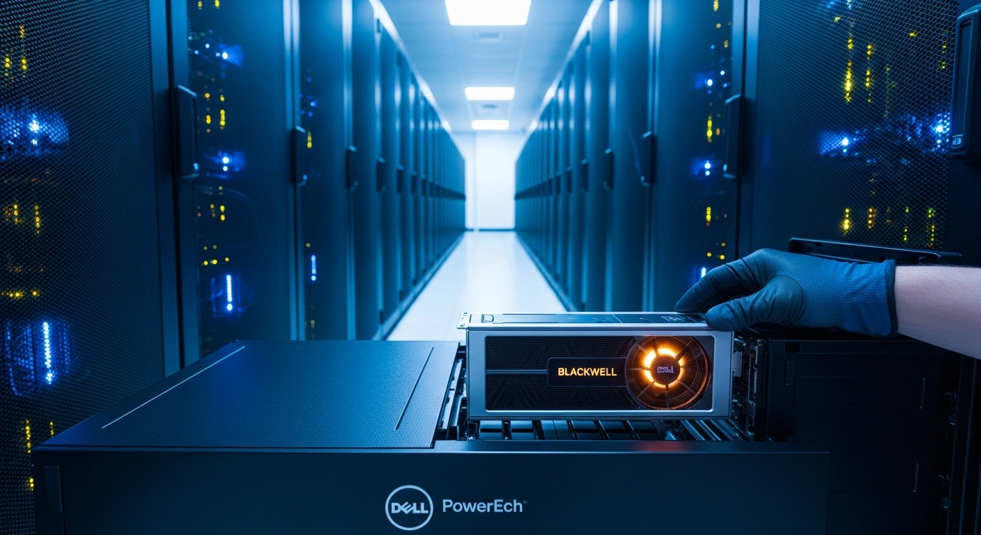 A wide, low-angle shot of a futuristic data center with rows of sleek, black server racks illuminated by cool blue light, as a gloved hand carefully places a glowing Nvidia Blackwell GPU into a Dell PowerEdge server, symbolizing the advanced technology for Armenia's new $500 million AI and supercomputer hub.
