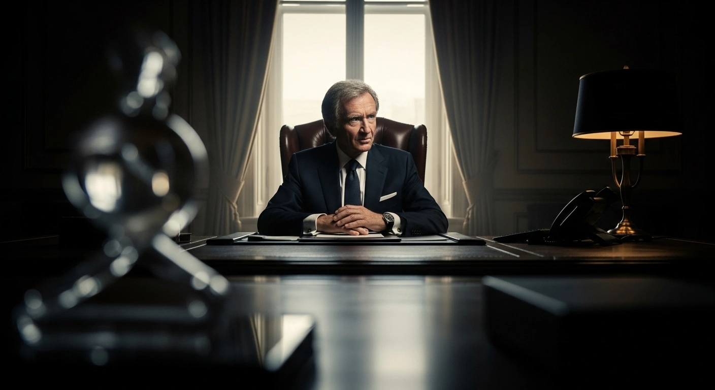 A powerful, impeccably dressed man, representing LVMH CEO Bernard Arnault, sits at a grand desk in a luxurious office, looking with intense disapproval at an ethereal glow symbolizing Gabriel Zucman's proposed wealth tax, reflecting the ongoing debate in France.