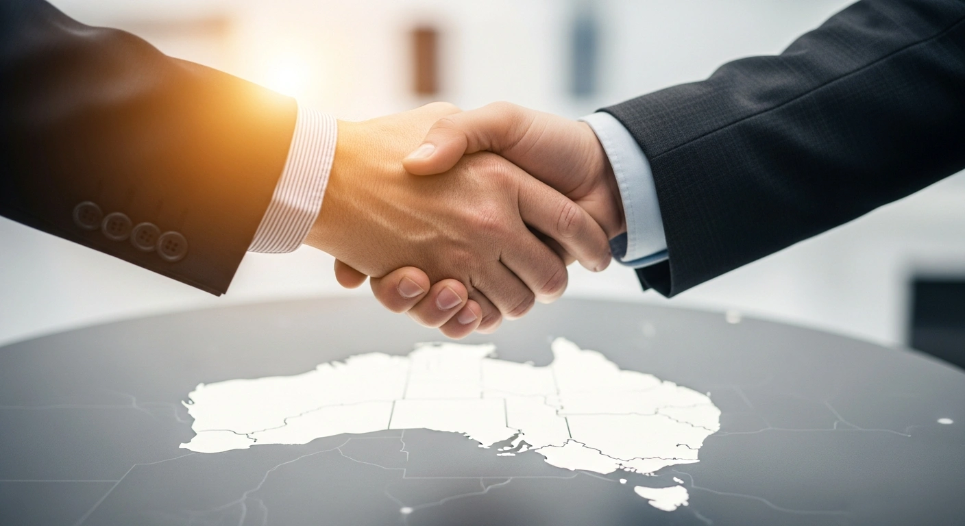 Two professional hands, representing Arrotex Pharmaceuticals and Pfizer Australia, firmly shake over a subtly illuminated, abstract map of Australia, symbolizing their new strategic partnership to enhance access to biologic therapy for autoimmune conditions.