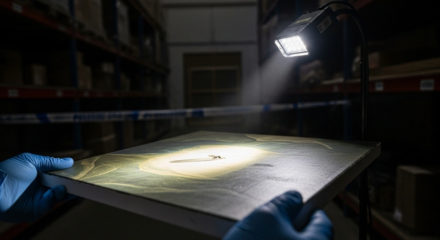 Gloved hands under a harsh inspection light examine a suspected fake masterpiece, revealing a subtle detail that exposes it as a forgery, symbolizing the dismantling of a transnational art forgery ring by German and Swiss authorities involving works attributed to artists like Rembrandt and Picasso.