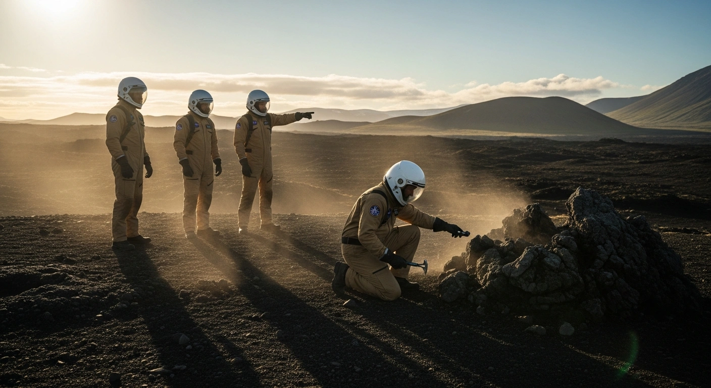 The Artemis II crew, including NASA astronauts Reid Wiseman, Victor Glover, Christina Koch, and CSA astronaut Jeremy Hansen, are depicted in rugged training suits examining volcanic rock formations during lunar-like geology training in Iceland, preparing for their historic mission around the Moon.
