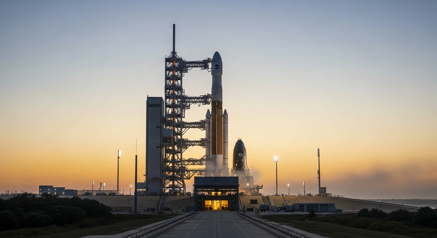 The Space Launch System rocket and Orion spacecraft stand illuminated by the early morning light at Kennedy Space Center, following the successful Artemis II Wet Dress Rehearsal fueling test, paving the way for a crewed lunar mission.