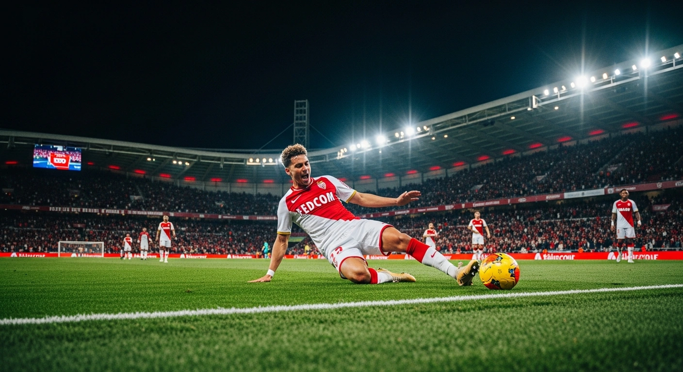 An AS Monaco football player celebrates a goal on the pitch at Stade Louis II during a Ligue 1 match against Stade Brestois 29.
