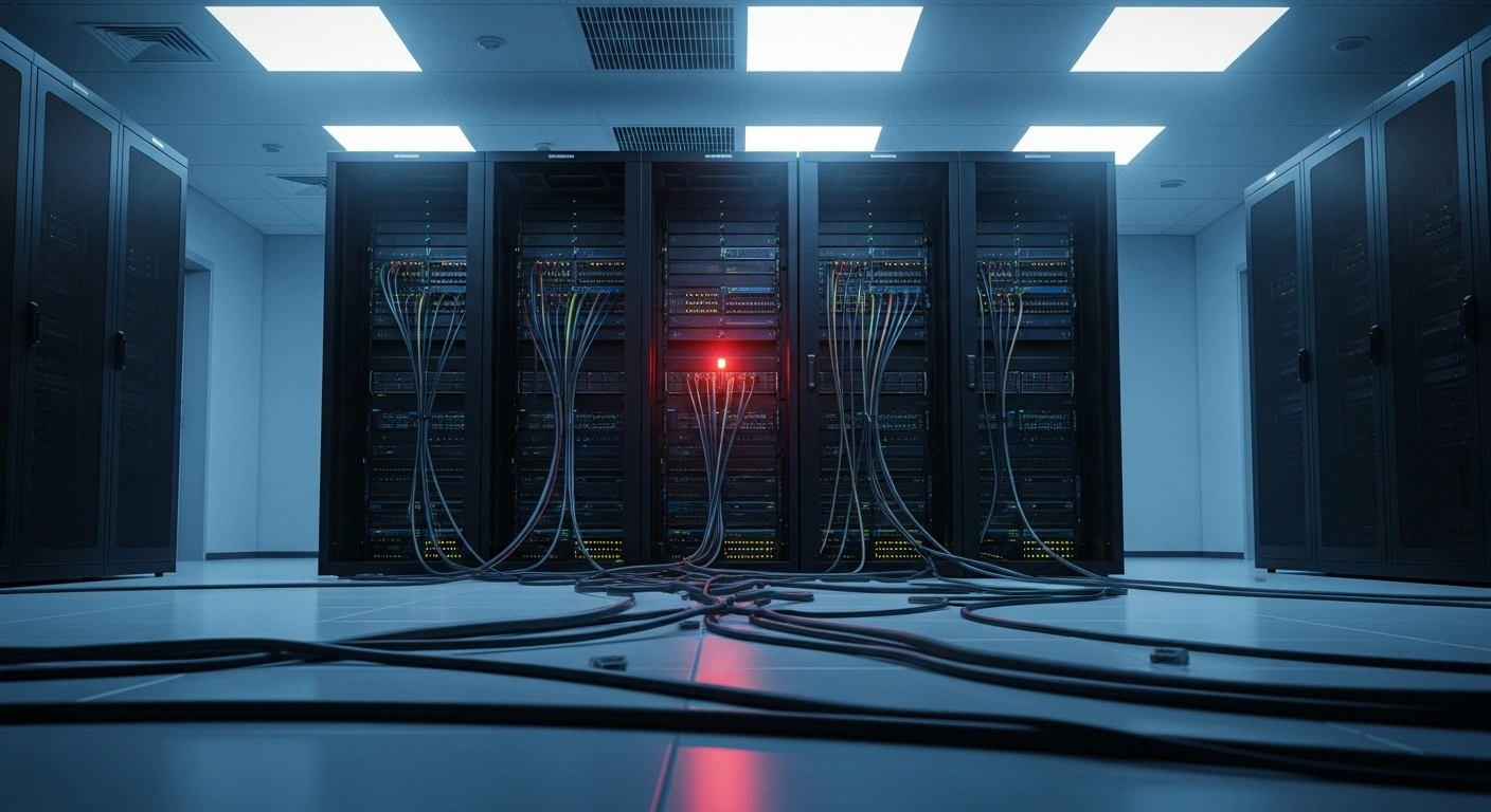 A dimly lit modern Japanese server room shows dark, silent server racks with a single blinking red warning light and disconnected network cables on the floor, representing a system failure following a cyberattack that suspended Asahi Group Holdings' domestic operations in Japan.