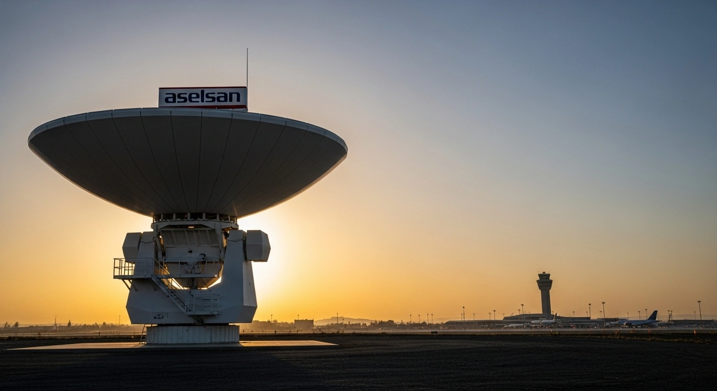 A large, white Aselsan radar dish, representing advanced Primary and Secondary Surveillance Radar (PSR/SSR) and an Approach Control System (APP) from Türkiye, stands prominently at dawn with the distant runway lights of Damascus International Airport visible in the background, symbolizing bolstered aviation safety.
