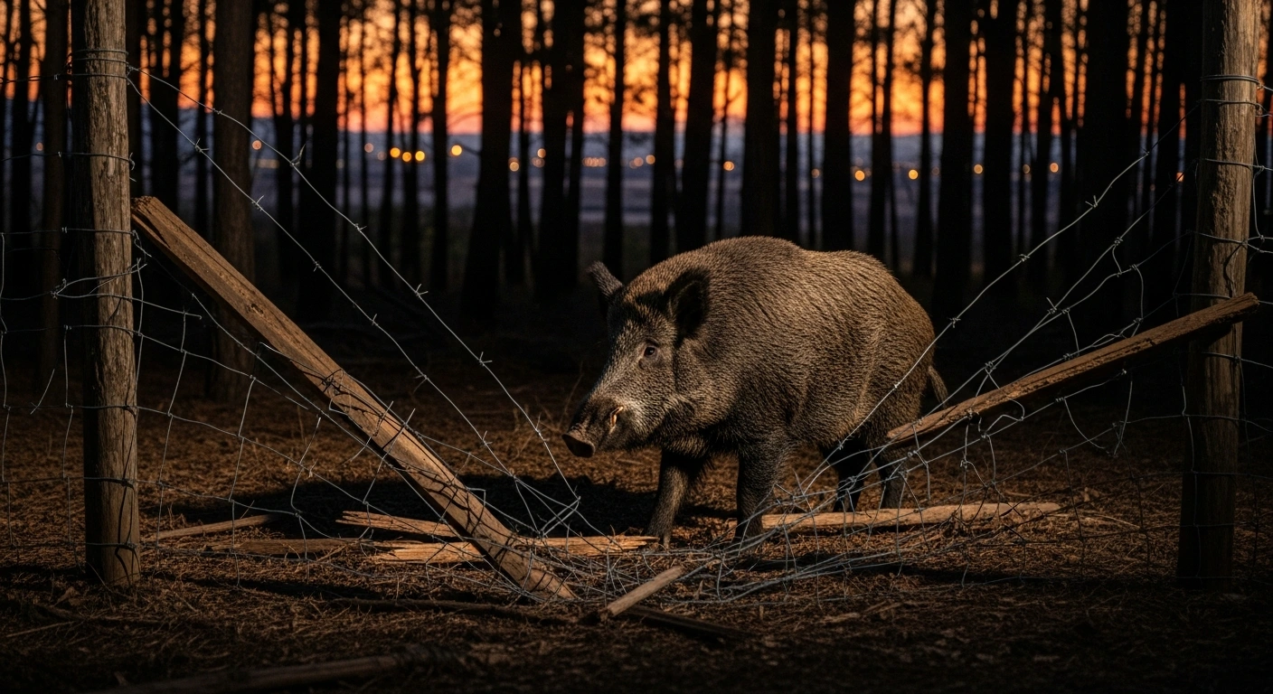 A large, powerful wild boar steps through a broken containment fence in a dense, shadowy Spanish forest at dusk, symbolizing the spread of African Swine Fever beyond its initial zone in Catalonia and the threat to Spain's significant pork industry.