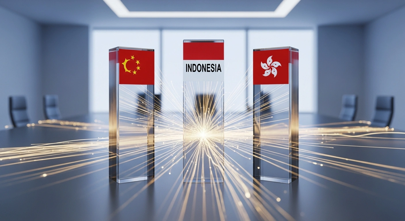 Three glass pillars representing the financial authorities of China, Indonesia, and Hong Kong are connected by glowing golden lines to symbolize local currency cooperation in trade.