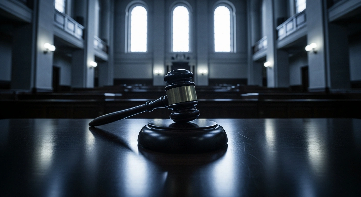 A heavy wooden gavel rests on a polished block within a somber courtroom, symbolizing the Delhi court's conviction of Kashmiri separatist leader Asiya Andrabi, chief of the banned Dukhtaran-e-Millat, along with Nahida Nasreen and Fahmeeda Sofi, under the Unlawful Activities (Prevention) Act (UAPA) for charges including conspiracy to wage war against India and membership in a terrorist organization.