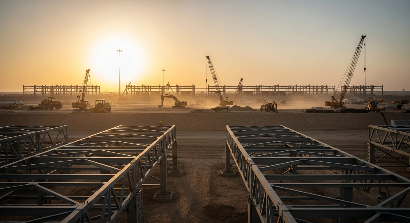 Construction equipment works on the massive ASMO logistics and procurement hub at King Salman Energy Park in Saudi Arabia.