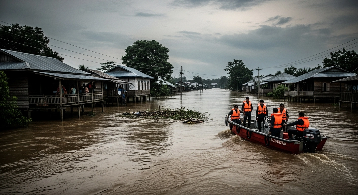 Emergency rescue teams navigate a boat through flooded villages in Assam, India, as rising waters displace thousands of residents.