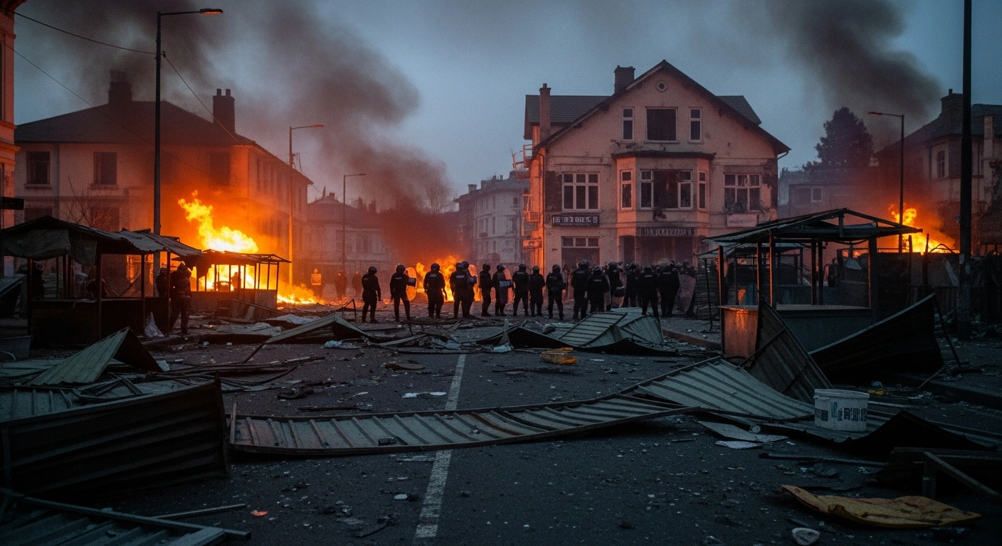 A wide-angle photograph depicts the aftermath of violent clashes in Assam's West Karbi Anglong district, showing a street littered with charred debris and overturned market stalls, with distant buildings smoldering and a line of police personnel silhouetted against the smoky twilight sky, reflecting extensive property damage.