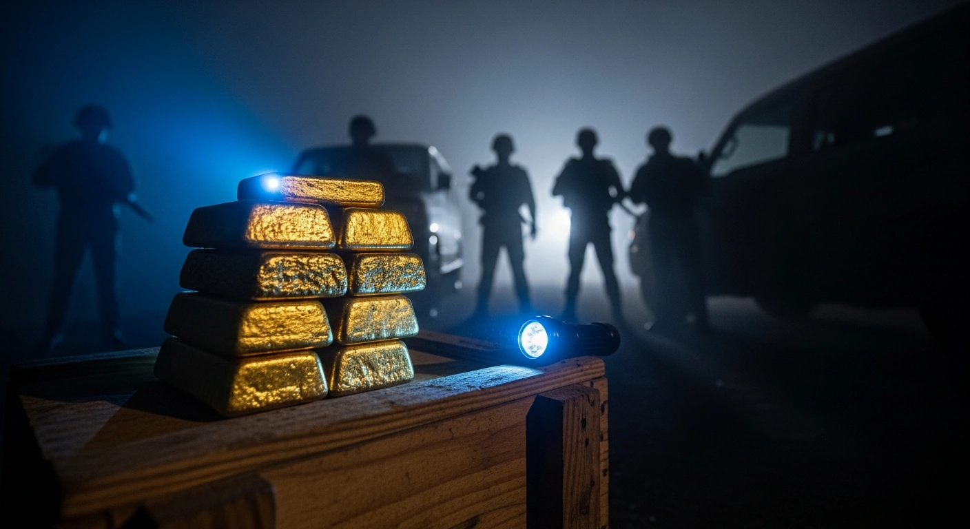 Assam Police officers stand guard over a large cache of seized gold bars during an operation to intercept an international smuggling ring in the Cachar district.
