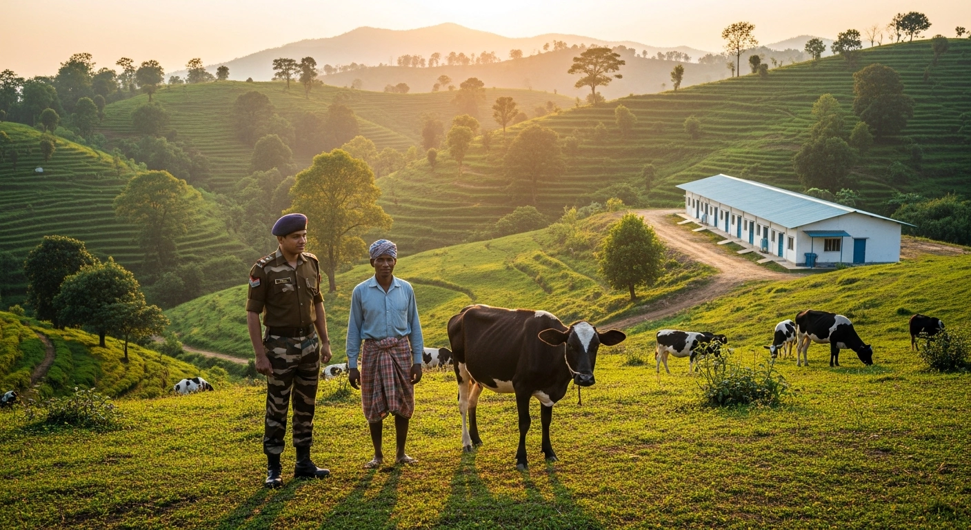 An Assam Rifles officer and a local farmer stand together on a farm in Northeast India to represent the dairy cooperative partnership with the NCDFI.