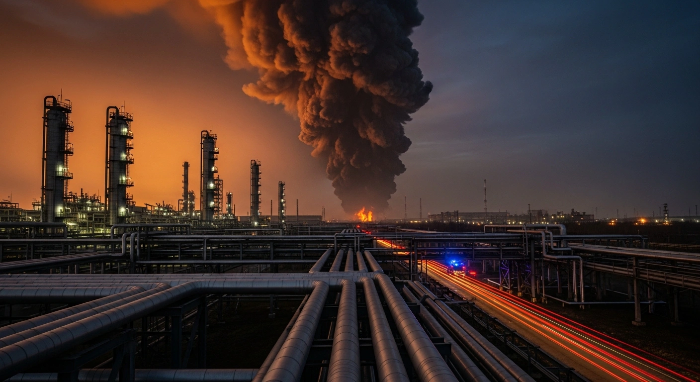 A large fire burns at the Astrakhan Gas Processing Plant in Russia following reported drone strikes, with emergency vehicles visible at the scene.